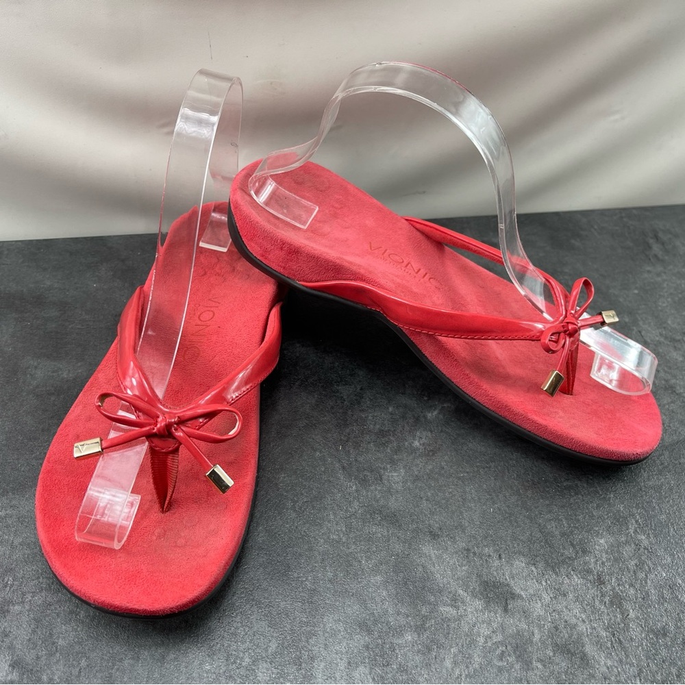 Vionic Bella II Women’s Red 6.5M Suede Patent Leather Toe Thong Bow Sandals